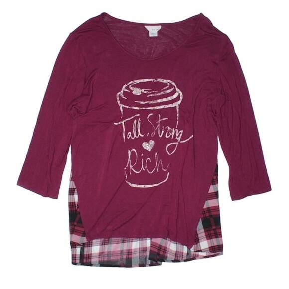 Tru Self Womens 1X Tall Strong Rich Coffee Lightweight Graphic Shirt Top - Picture 1 of 7